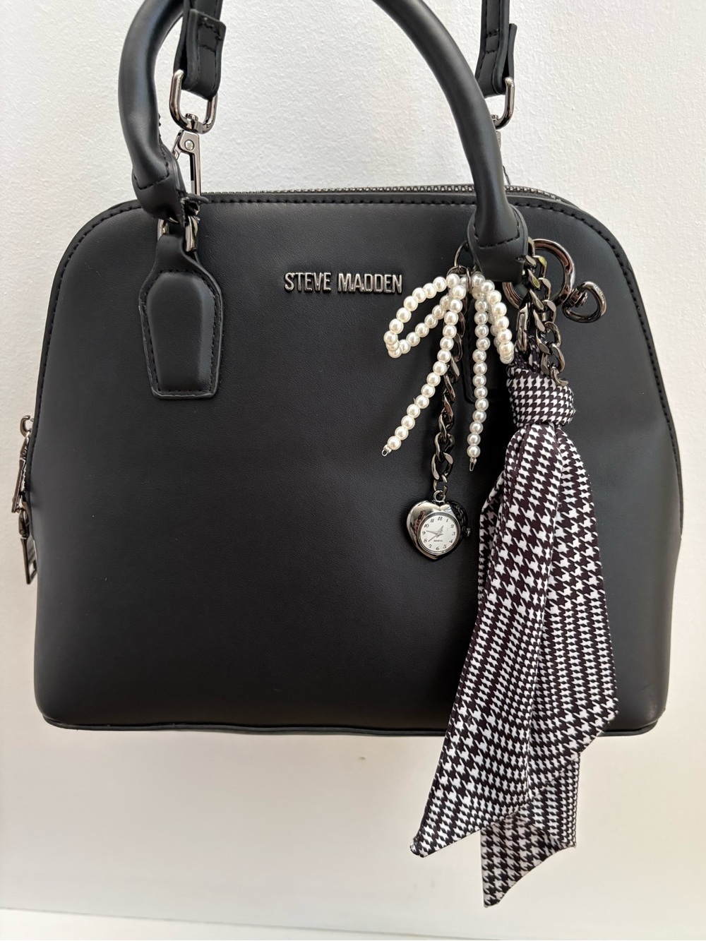 Steve Madden Black Satchel Crossbody Purse w/ Removable Strap & Charms
